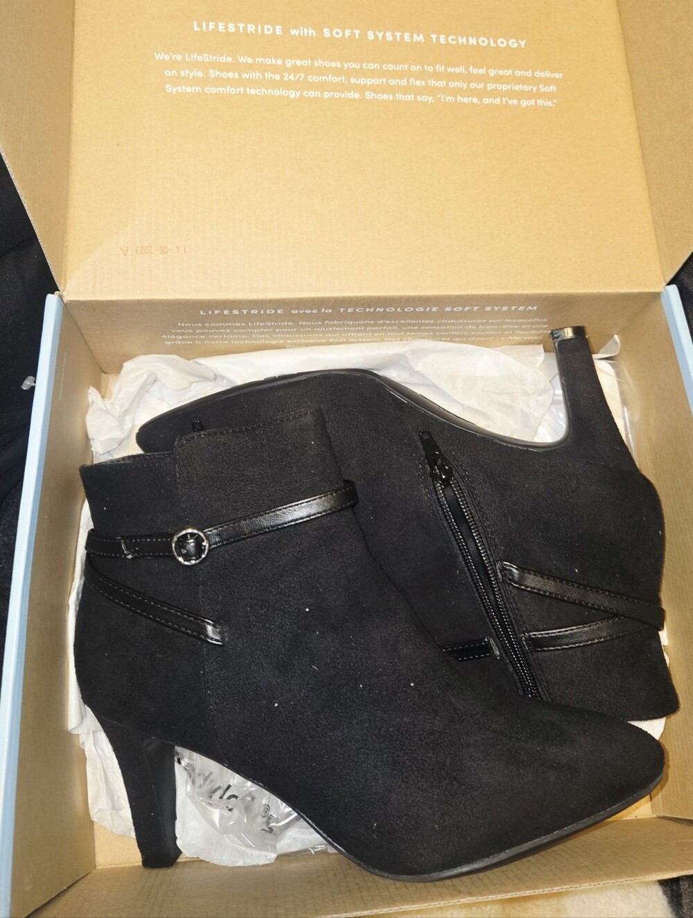 Life Stride Black Suede Heeled Ankle Boots with Strap and Buckle Detail